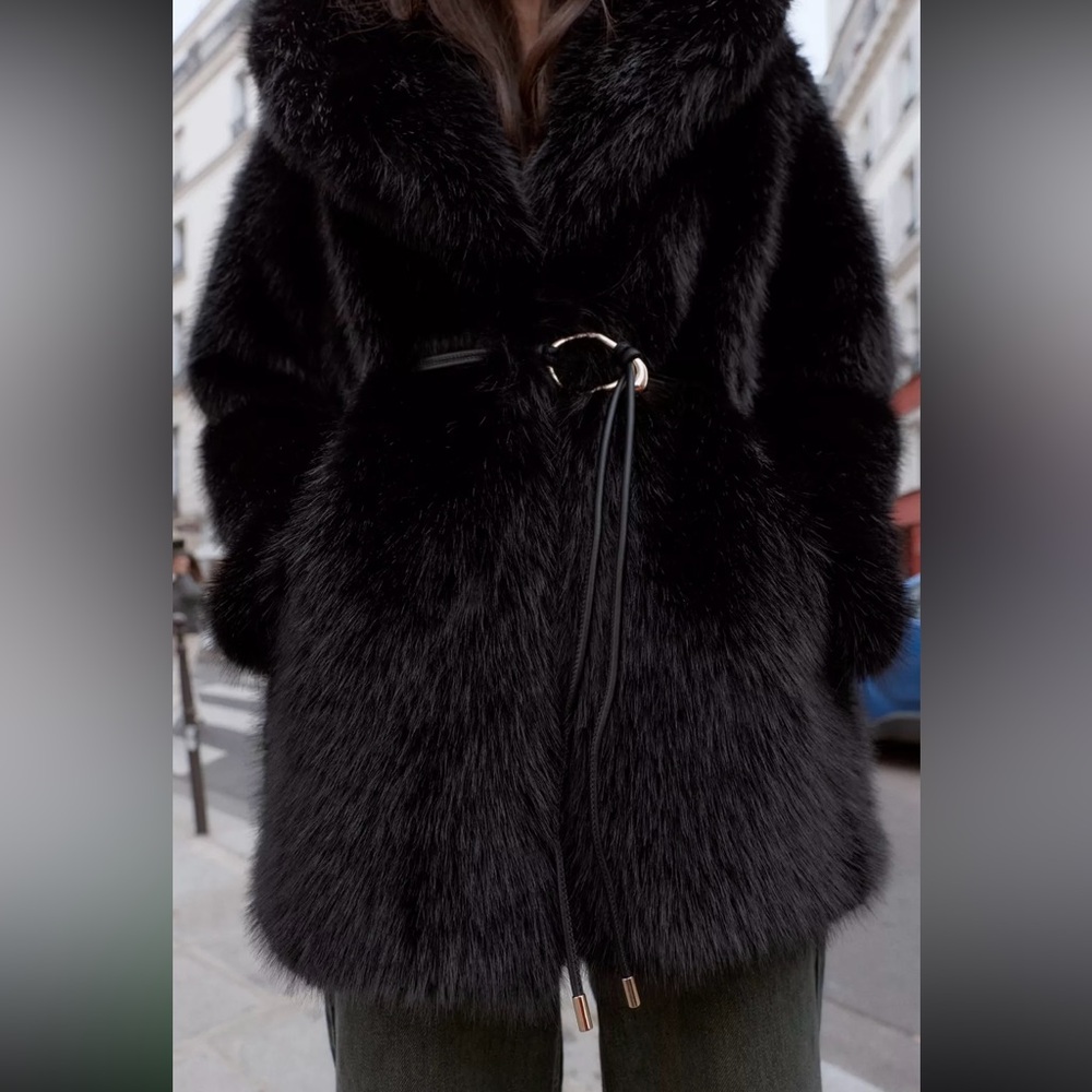 New ZARA Faux Fur Belted Coat - Picture 13 of 16